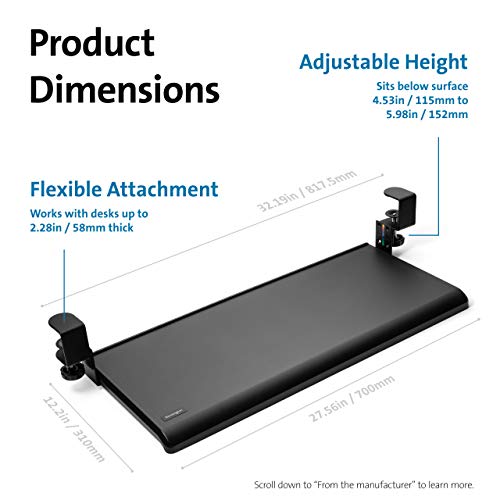 Kensington Clamp-On Keyboard Tray, Under Desk Keyboard Drawer with Cable Management, Ergonomic Smartfit Slide-out Height Adjustable Keyboard Holder, Black 13.3"x32.4"x2.4" K55407WW