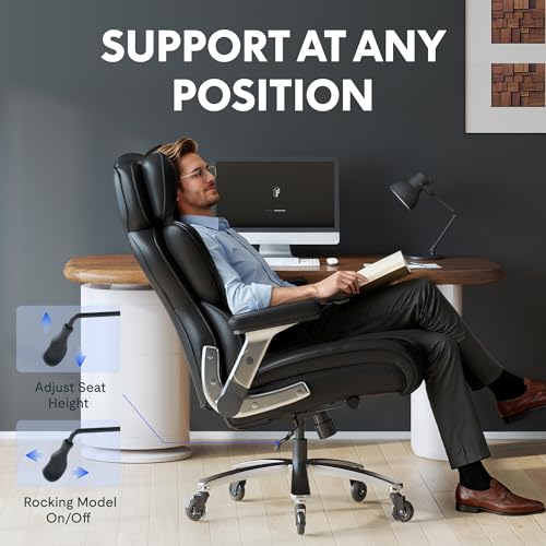FLEXISPOT 600lbs Big and Tall Office Chair for Heavy People, Heavy Duty Computer Desk Chair with Dynamic Lumbar Support 2D Armrest Blade Wheels, Chairs for Home Office Gaming Working, Leather, Black