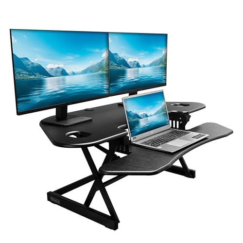 Rocelco 46" Height Adjustable Corner Standing Desk Converter - Quick Sit Stand Up Dual Monitor Riser - Gas Spring Assist Tabletop Computer Workstation - Large Keyboard Tray - Black (R CADRB-46)