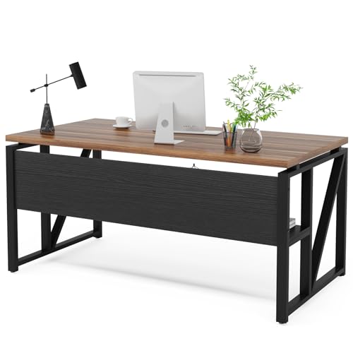 Tribesigns 55 inches Computer Desk with Bottom Storage Shelf Home Office Desk Writing Table for Workstation, Dark Walnut + Steel Leg, Cabinet not Included (Walnut, 55-inch -with Shelf)