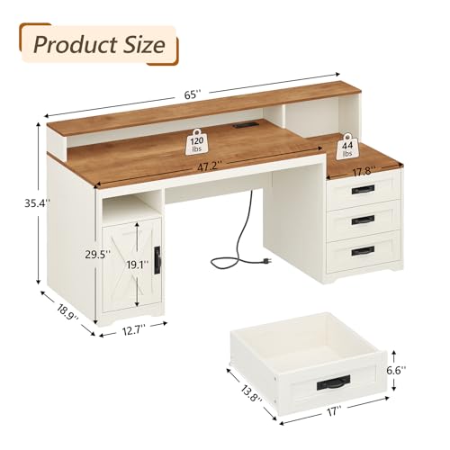 TVU Farmhouse Computer Desk with Drawers, 65'' Home Office Desk with Power Outlets, Storage Cabinet and Printer Stand, Study Writing Desks with Long Monitor Stand, Brown and White