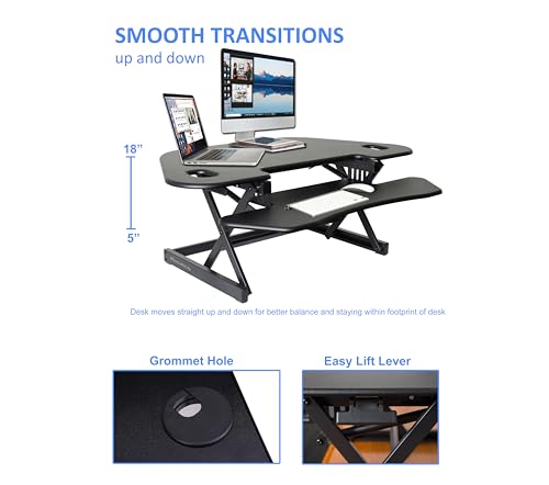 Rocelco 46" Height Adjustable Corner Standing Desk Converter - Quick Sit Stand Up Dual Monitor Riser - Gas Spring Assist Tabletop Computer Workstation - Large Keyboard Tray - Black (R CADRB-46)