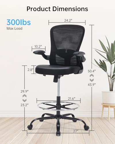Drafting Chair Tall Office Chair with Flip-up Arms Adjustable Height Standing Desk Chair with Lumbar Support and Footrest Ring Ergonomic Executive Computer Chair Swivel Drafting Stool for Work/Drawing