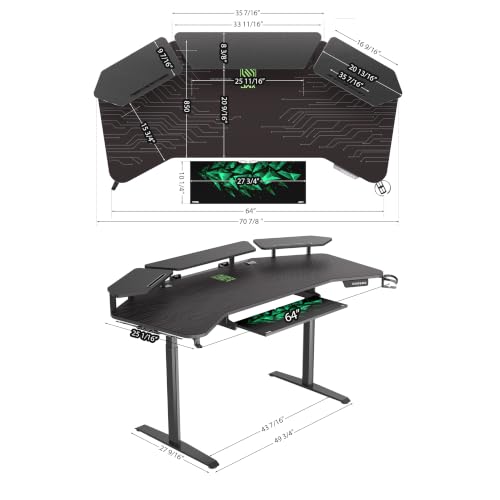 JWX Dual Motor Standing Gaming Desk with Aluminum Alloy Led Lights, 72'' Wing Shaped Large Gaming Studio Music Desk with Slot Design Shelves, for Streamer, Social Media Influencer & Music Recording