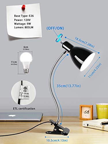Desk lamp Eye-Caring Table Lamps, 360°Rotation Gooseneck Clip on Lamp Reading Light Portable Reading Book Light Clamp Study Desk Lamps for Bedroom and Office Home Lighting (Black)