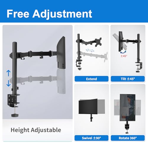 H&C(hcck&Cllassp) Single Monitor Mount, Desk Mount with Swivel, Tilt, Rotation, Height Adjustable, VESA Mount for 17-27” Monitors up to 17.6 lbs, Monitor Stand with C-Clamp, Black