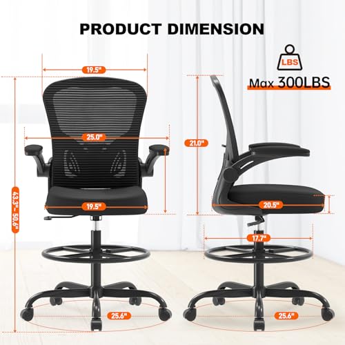 Synorla Ergonomic Drafting Chair, Tall Office Chair with Flip-up Armrests, Breathable Mesh High Desk Chair with Lumbar Support Adjustable Footrest Ring for Standing Desk Black