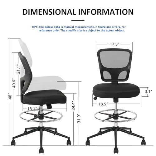 Armless Drafting Chair Tall Office Chair Adjustable Height High Back Ergonomic Desk Chair Drafting Stool Rolling Bar Stools Chairs with Footrest and Wheels