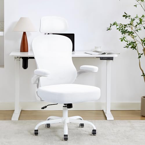 TUKAKA Ergonomic Office Chair,Ultra Thick Office Desk Chair with Adjustable Lumbar Support and Headrest,Spring Cushion,Rocking Function,Flip-up arms,Mesh Computer Chair for Home Office,White