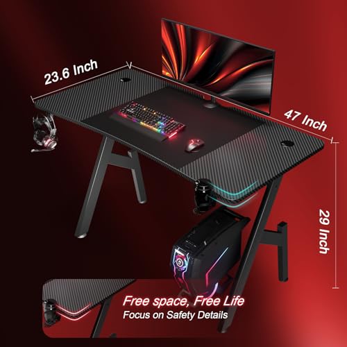 HLDIRECT 47 Inch Gaming Desk, Large Computer Gaming Desk Table with Cable Management, Ergonomic Carbon Fiber Gamer Table Pc Work Home Office Desks with Cup Holder & Headphone Hook & Mouse Pad, Black