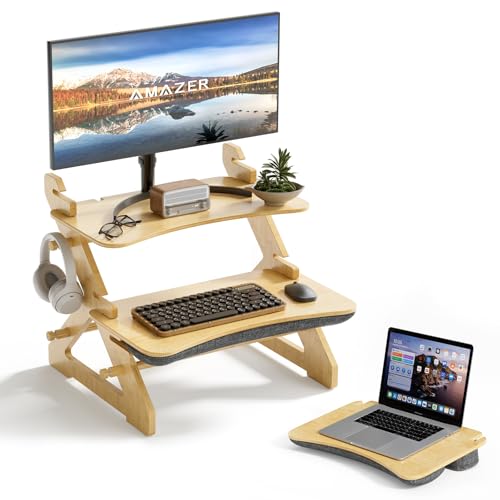Amazer Standing Desk Converter, 22 inch Bamboo Small Sit Stand Up Desk Riser with Lap Desk Computer Desktop Desk Converter for Monitor and Laptop with Keyboard Tray
