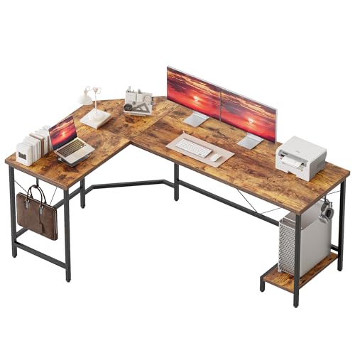 Mericonia 66 inch Large L Shaped Desk, Simple Corner Gaming Desk with CPU Stand & Hooks, Computer Desk for Home, Bedroom & Office Workspace, Rustic Brown