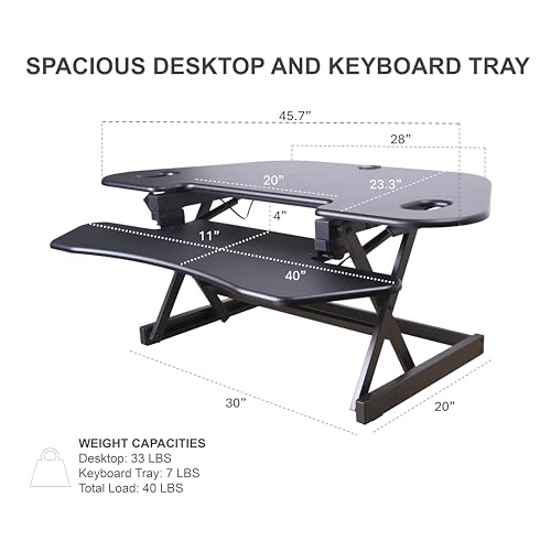 Rocelco 46" Height Adjustable Corner Standing Desk Converter - Quick Sit Stand Up Dual Monitor Riser - Gas Spring Assist Tabletop Computer Workstation - Large Keyboard Tray - Black (R CADRB-46)