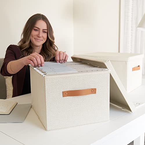 Decorative File Organizer Box Set of 2 - Collapsible Linen Filing Cabinets with Handles Are Perfect to Store All Your Documents & Hanging File Folders - Portable Easy Slide Office Crates with Lid