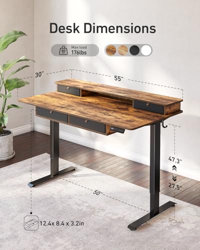 CubiCubi 55" x 30" Standing Desk with Drawers, Height Adjustable Electric Workstation, Computer Sit Stand Up Table with Large Storage Shelf 4 Drawers and 2 Hooks, Rustic Brown