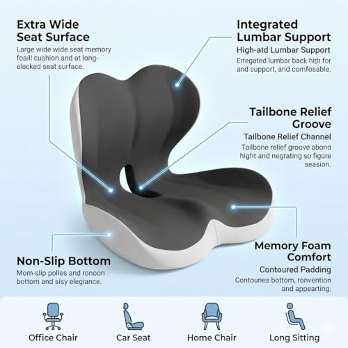 MOYEE Wide Memory Foam Seat Cushion with Lumbar Support for Office Chair & Car Seat, Ergonomic Design for Long Sitting, Gradual Relief & Lasting Support for Back, Tailbone & Sciatica Pain