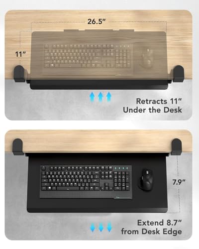 HUANUO Keyboard Tray Under Desk, Keyboard Holder with C-Clamp Hardware, 26.5″ W x 11.8″ D Slide Out Computer Keyboard & Mouse Tray for Home Office, Black, HNKB12B, Large
