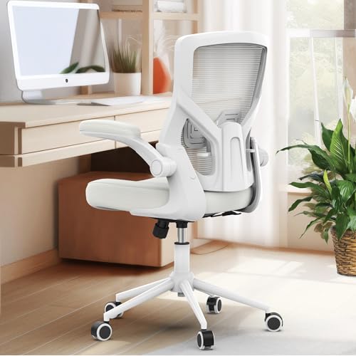 QLTPLUS Office Chair for Long Hours & Lower Back Pain Relief – 4" Thick Molded Foam Cushion, Padded Lumbar Support and Flip-up Armrests, Ideal for Office or Study (Modern, White)