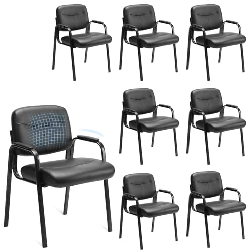 Sweetcrispy Office Reception Guest Chair No Wheels Set of 8, Leather Stationary Waiting Room Chairs with Padded Arms for Elderly Desk Conference Room Lobby Table Side Salon