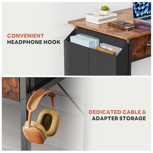 DUMOS 32" Home Office Computer Desk with Drawers, Small Gaming Writing Study Table with Storage Side Bag, Headphone Hook and Adjustable Feet for Bedroom Rustic Brown