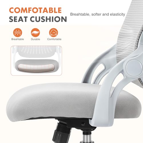 Sweetcrispy Home Office Managerial Executive Chair, Ergonomic Mesh Adjustable Swivel Mid-Back Chair with, Flip-up Arms, Comfortable Lumbar Support, Comfy Arms for Bedroom,Study,Student, Grey