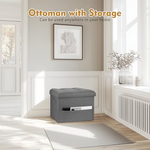 Storage Ottoman with Extra Thick Foam Padded Seat, Foldable Foot Rest Stool with Linen Fabric, 43L Ottoman with Storage Bench for Bedroom Living Room, Holds Up to 300lbs, 17x13x13in, Dark Gray