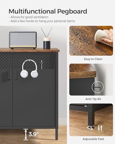 SONGMICS Storage Cabinet, Metal Cabinet, Sideboard with 2 Doors, 15.7 x 31.5 x 29.9 Inches, Magnetic Closure, Adjustable Shelf, Steel Frame, Rustic Brown and Black ULSC102B01
