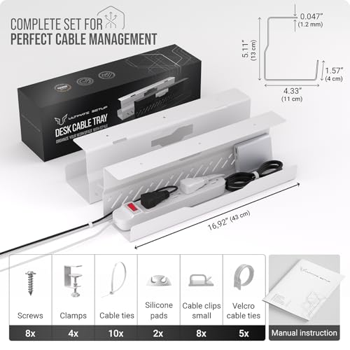Under Desk Cable Management Tray no Drill – Wire Management - Cord Organizer – Huge Load Capacity – Under Desk Cable Tray no Drill (White, 2 Pieces Set)