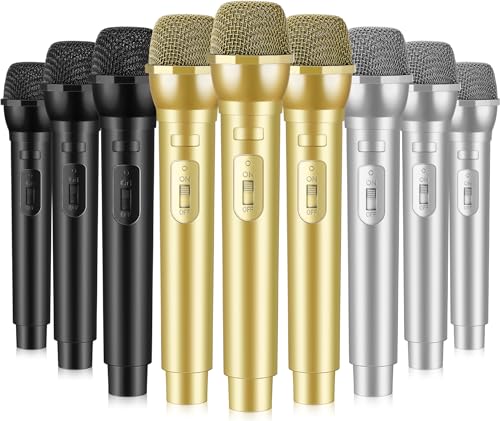 Sanwuta 9 Pcs Fake Microphone, Prop Microphone Bulk, Plastic Realistic Prop Mic, Pretend Fun Stage Mics Toy for Birthday Weddings Karaoke Stage Costume Cosplay Party Favor(Golden, Silver, Black)