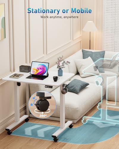 Xyndyx 32" Small Electric Rolling Standing Desk Adjustable Height, Mobile Sit Stand up Desk with Lockable Casters for Home Office & Computer Workstation, Splice Board, 2 Hooks, White Frame/White Top