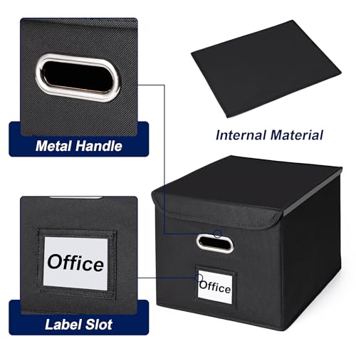 CADONO File Organizer Box with Lid, Large Hanging File Folder Organizer with Plastic Slide, Collapsible Portable Filing Storage Boxes for Office/Decor/Home (Black, 14.9 x 12.59 x 10.8 inch)
