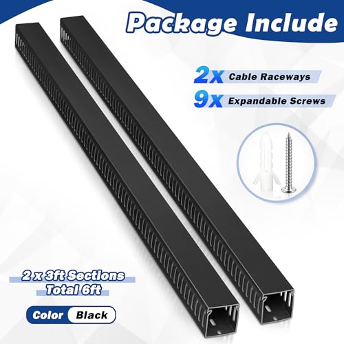ZhiYo 2x2in Cable Raceway, 6ft Server Rack Cable Management Under Desk Cord Organizer, Electrical Safe PVC Cable Hider Open Slot Wire Raceway for Network/PC/TVs, Wire Duct Black