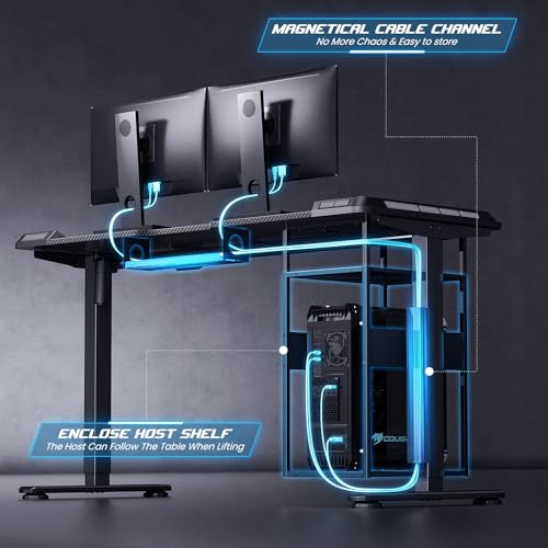 Gaming Standing Desk with LED Lights & Host Shelf, 55" x 24" Gaming Table with Music Sensing APP Control, Underdesk Cable Storage Electric Standing Desk, Black Carbon Fiber PC Table for Home Office