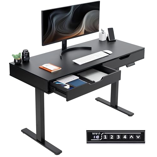 VIVO Electric 55 x 24 inch Height Adjustable Memory Standing Desk with Built-in Storage and Power Strip, Black Solid Top, Black Frame, DESK-KIT-1B55H-B