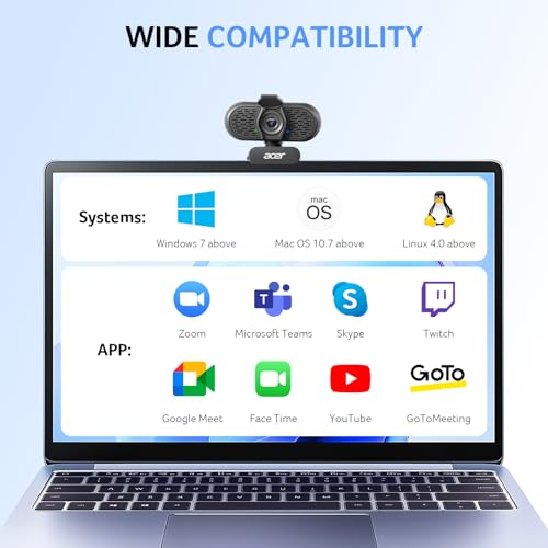Acer 1080p Webcam USB Plug and Play Webcam for PC with Noise Cancellation Microphones Computer Camera for Desktop Streaming Gaming Online Meeting Wide Angle Privacy Cover A-to-C Adapter Easy Setup