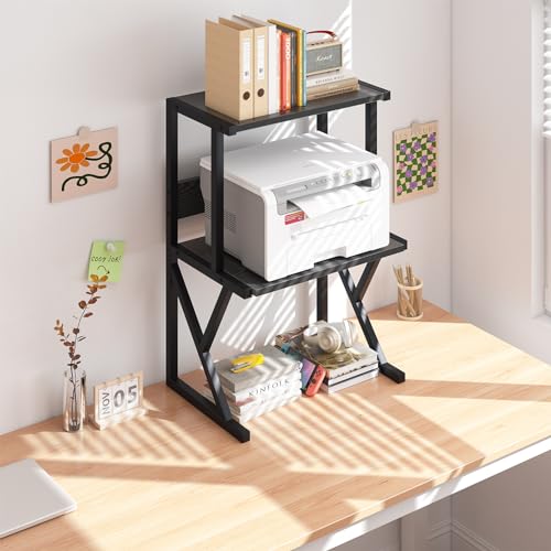 aboxoo Desktop Printer Stand with 3 Tier Wood Storage Shelves,Under Desk Printer Table,Multi-Purpose Home Office Desk Organizer for Fax Machine, Scanner (Black)