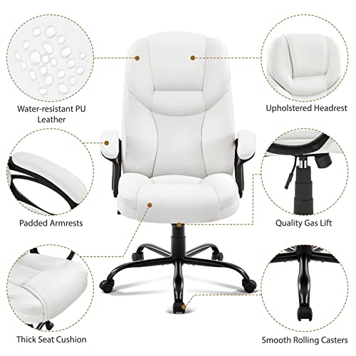 Yaheetech High Back Executive Office Chair Faux Leather Ergonomic Managerial Chair for Meeting Computer Large Seat, Sturdy Metal Base,White