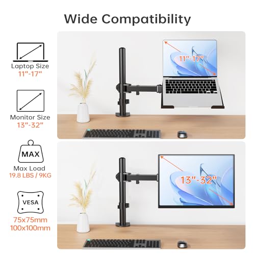 Afaloona Single Monitor and Laptop Mount for 13-32 Inch Screen or 11-17 Inch Notebook, Fully Adjustable Monitor Arm with Removable Vented Tray, Supports Up to 18 lbs, C-Clamp, VESA 75x75/100x100mm