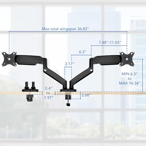 Mount-It! Dual Monitor Desk Mount, Two Independent Gas Spring Arms, Fits 13-32" Screens up to 17.6 lbs Each, VESA 75x75 & 100x100, Full Motion Tilt Swivel Rotate, C-Clamp & Grommet Base