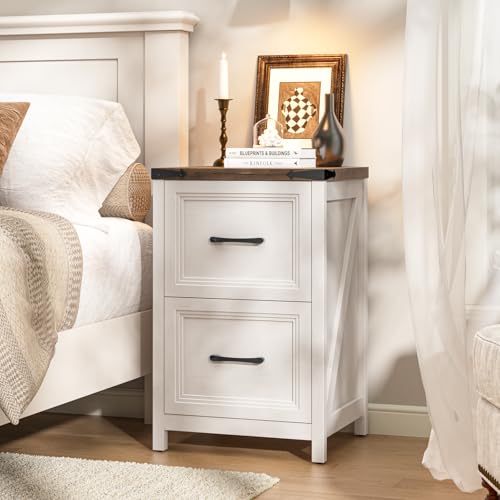 Vabches 2 Drawer Vertical File Cabinet, Wood Farmhouse Filing Cabinet Fits A4/Letter Size, Under Desk Small File Cabinets Printer Stand with Storage for Home Office, White and Brown