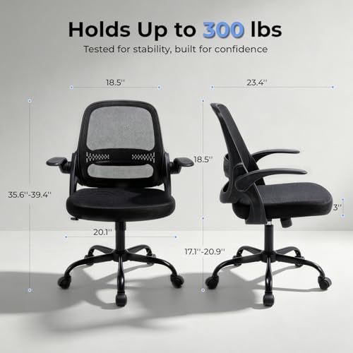 Ergonomic Mesh Office Chair for Home Office, Flip-Up Arms, Breathable Mesh Back & Thick Seat Cushion, Swivel Rolling Computer Desk Chair, BIFMA Certified, Supports 300 lbs (Black Frame/Black Seat)