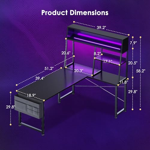 AODK L Shaped Gaming Desk with Led Lights, 51 Inch Reversible Gaming Computer Desk with Display Shelves, PC Gamer Desk Gamer Table with Storage Bag, L Desk for Game, Black