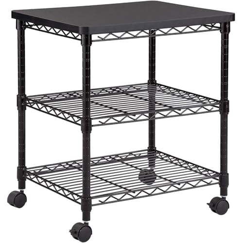Safco Deskside 3 Tier Rolling Cart Printer Stand, Mobile Utility Table for Home Office with Steel Shelves, Black