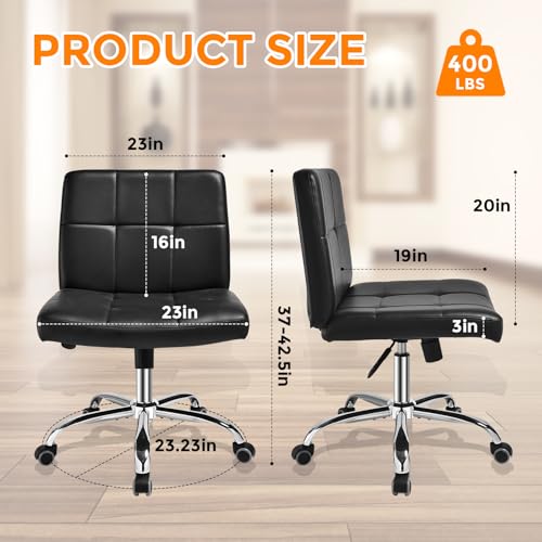OUTMASTER Black Office Chair with Wheels - 360° Swivel Armless Back Support，Comfortable Pu Adjustable Rolling Desk Chairs for Office，Home，Vanity，Bedroom，Big Space (Widened Black)