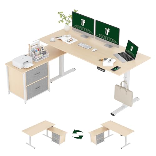 FLEXISPOT L Shaped Standing Desk with Drawers, Large Electric Height Adjustable Executive Desk, Sit Stand Desk for Home Office and Workstation, Hooks and USB Port (63"x28" White Wood Grain)