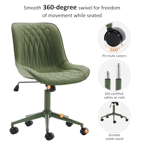 YOUNIKE Olive Green Faux Leather Ergonomic Office Chair Armless Comfy Desk Chair with Rocking Back Cute Swivel Vanity Chair with Wheels Height Adjustable Small Computer Task Chair for Sewing Drafting