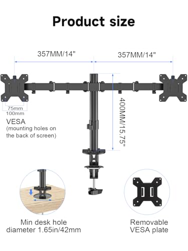 Suptek Dual Monitor Desk Mount, Adjustable Dual Monitor Arm for 2 Computer Screens up to 27 inch, Dual Gas Spring Monitor Arm, Holds up to 22 lbs Each, VESA 75x75/100x100 mm, Black (MD9442)