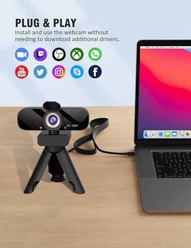 Gowzmnd HD 1080P Webcam with Built-in Microphone and Rotatable Tripod, 1080P Video and Wide Angle Camera, Privacy Cover, for Desktop PC or Laptop Computer （Black）