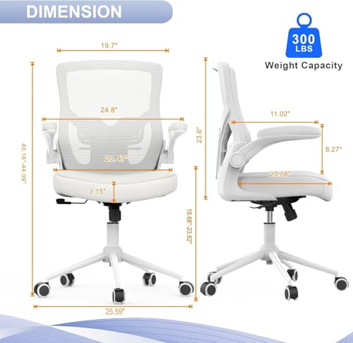 QLTPLUS Office Chair for Long Hours & Lower Back Pain Relief – 4" Thick Molded Foam Cushion, Padded Lumbar Support and Flip-up Armrests, Ideal for Office or Study (Modern, White)