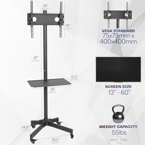 VIVO Mobile TV Cart for 13 to 60 inch Screens up to 55 lbs, LCD LED OLED 4K Smart Flat and Curved Panels, Rolling Stand with Laptop DVD Shelf, Locking Wheels, Max VESA 400x400, Black, STAND-TV04M